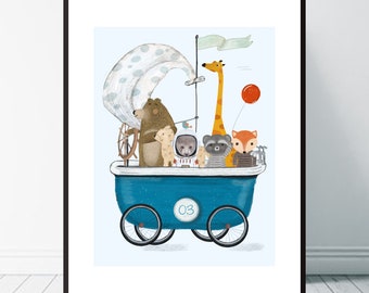 The Bath Cart. Nursery art, Neutral nursery print, Children's Picture, Children's wall art, Whimsical nursery prints, Baby nursery art,