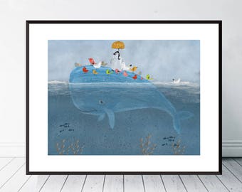 Feather Friends. Nursery art, Whales and penguins, Children's picture, Children's wall art, Whimsical wall art, Baby nursery print