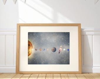 Solar System print Space Nursery Wall Art, Astronaut Poster, Kids Room Decor