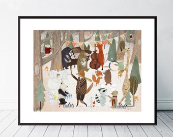 The Harvest Dance. Nursery art, Nursery prints, Children's wall art, Baby nursery print, Music theme, Woodland animals, Nature wall art