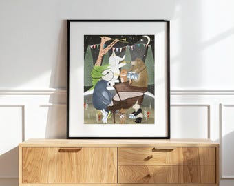 Midnight Boogie Band. nursery prints, Whimsical musical Woodland decor, Childrens illustration.