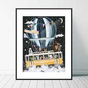 Magical Flying Tram Nursery Print, Woodland Forest Animals Wall Art, Kids Room Decor