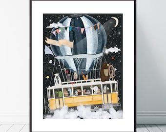 The Magical Flying Tram. Children's wall art, Nursery art, Adventure theme, Woodland nursery animals, Children's picture, Whimsical wall art