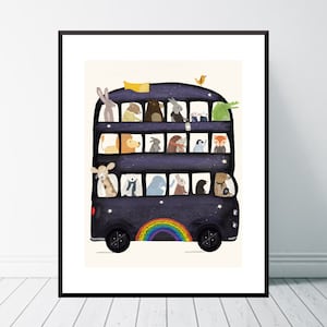 The Rainbow Bus. Nursery art print, Woodland animals, Children's wall art, Adventure theme, Children,s picture, Baby nursery art, Whimsical