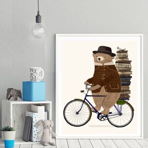 An Educated Bear. Childrens wall art, Nursery art prints, Book illustrations, Neutral nursery art, Bicycle wall art, Woodland nursery. image 3