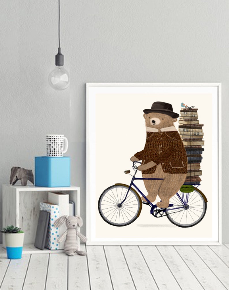An Educated Bear. Childrens wall art, Nursery art prints, Book illustrations, Neutral nursery art, Bicycle wall art, Woodland nursery. image 3