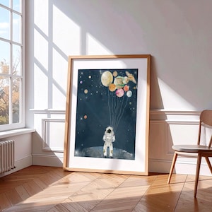 Lámina decorativa de pared con diseño de astronauta y colector solar, temática del sistema solar y el espacio, ideal para la decoración de habitaciones infantiles.