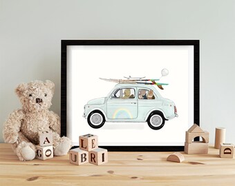 Little Surf Day nursery Print, Woodland Animal Skate & Surf Decor, Whimsical Wall Art