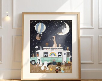 May include: A framed wall art print featuring a night scene with a light blue and white bus, a hot air balloon, and a crescent moon. Various animals, including a giraffe, panda, and bear, are gathered around a campfire in front of the bus.