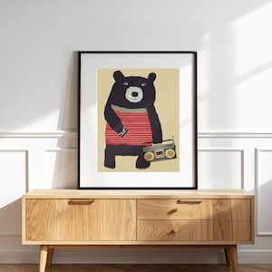 Lámina infantil de oso del bosque: Arte mural de animales caprichoso, decoración para la habitación de los niños