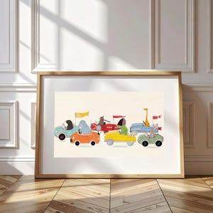 Little racers. Nursery prints, Kids wall art, forest animals decor