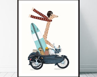 Surf Trip nursery Print, Woodland Animal Skate & Surf Decor, Whimsical Wall Art