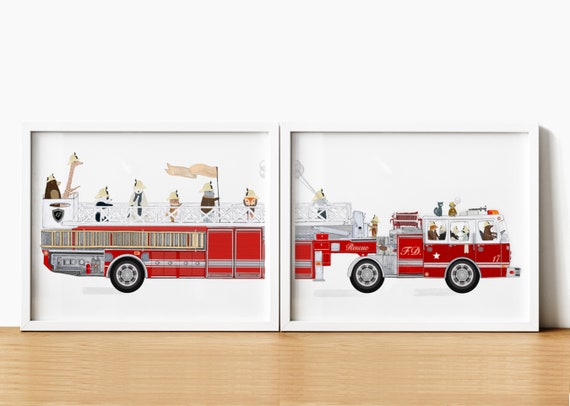 Illustration pour enfants de pompiers dans un camion de pompiers