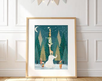 Reach the Stars Nursery Art Print, Forest Animals, Woodland Storybook Theme, Kids Wall decor