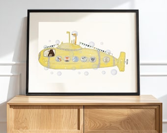 Little Yellow Submarine Nursery Print, Woodland Forest Animals Wall Art, Kids Room Decor