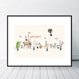 May include: A whimsical illustration of a parade of animals carrying alphabet blocks, with a hot air balloon in the background. The animals include a giraffe, elephant, deer, crocodile, and more. The banner reads "Make Everyday An Adventure."