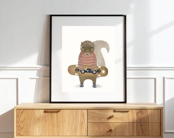 Skate Squirrel nursery Print, Woodland Animal Skate & Surf Decor, Whimsical Wall Art