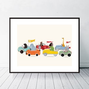 Little Racers. Woodland nursery print, Children's wall art, Cute illustrations, Fun nursery art, Baby nursery art, Kids wall art, Whimsical