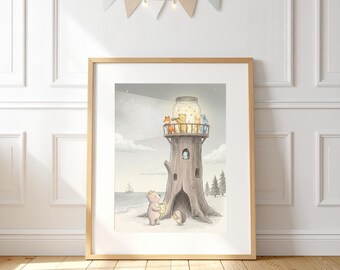 Firefly Lighthouse Nursery Print, Kids Room wall Art, Woodland animals Prints