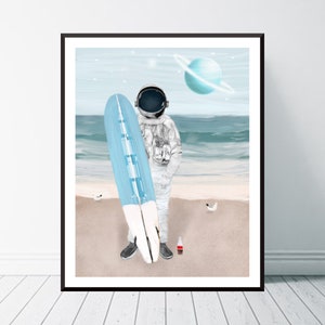 The Solar Surfer. Astronaut print, Astronaut poster, Space wall art, Surfing art print, Boys room decor, Astronaut posters, space posters