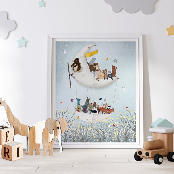 Le Ballon Lunaire. Nursery art, Children's wall art, Baby nursery decor, Adventure theme, Children's picture, Nursery prints, Whimsical art