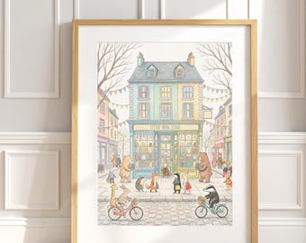 Little book store Woodland Animal Nursery Print, Whimsical Kids Room Wall Art