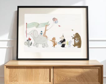Animal Parade Nursery Prints, Kids Room Wall Art, Woodland Animal Print, Baby Shower Gift