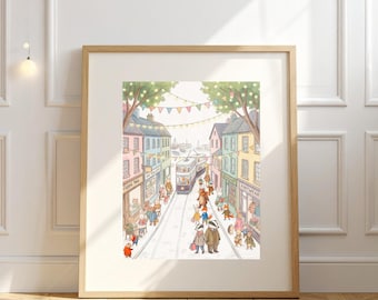 Baile beag Woodland animal nursery prints, whimsical cityscape, Ireland village print