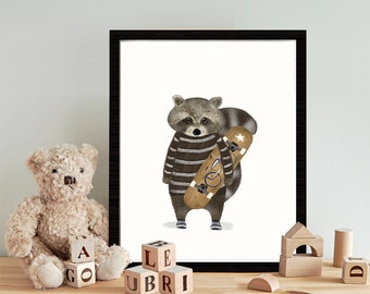 Skate Raccoon. Nursery art, Children's wall art, Cute illustrations, Skateboarding wall art, Children's picture, Baby nursery art prints