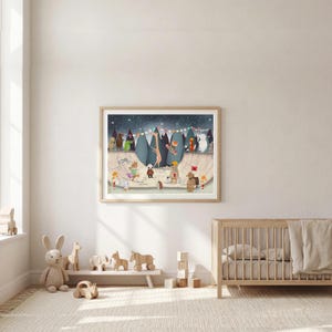 May include: A framed horizontal wall art print featuring a whimsical illustration of various animals, including a giraffe, panda, and bear, gathered at a skate park under a starry night sky with colorful bunting flags strung across the top.