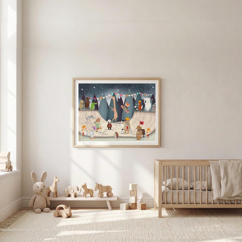 May include: A framed horizontal wall art print featuring a whimsical illustration of various animals, including a giraffe, panda, and bear, gathered at a skate park under a starry night sky with colorful bunting flags strung across the top.