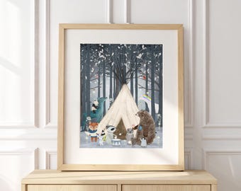 Little Tipi Nursery print, woodland animals print, kids room decor, children’s wall art