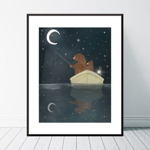 Fishing For Stars. nursery art, Childrens wall art, Neutral nursery art, Childrens picture, Woodland theme, Father and son theme