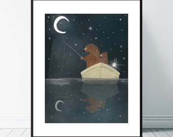 Fishing For Stars. nursery art, Childrens wall art, Neutral nursery art, Childrens picture, Woodland theme, Father and son theme