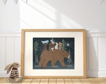 May include: A framed art print depicts a brown bear carrying several small animals through a forest at night. The animals include a rabbit, a hedgehog, and a bear cub. The background features tall green trees, a crescent moon, and stars.