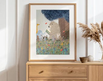 Little Story Time Nursery Print, Woodland Forest Animals Wall Art, Kids Room Decor