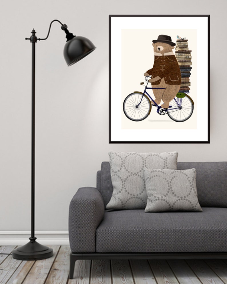 An Educated Bear. Childrens wall art, Nursery art prints, Book illustrations, Neutral nursery art, Bicycle wall art, Woodland nursery. image 4