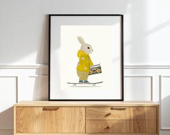 Skate Bunny nursery Print, Woodland Animal Skate & Surf Decor, Whimsical Wall Art