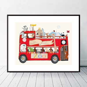 Zoo Lane. Nursery art, Safari nursery print, London red bus, Kids Safari Art, Children's wall art, Cute illustrations, Baby nursery print