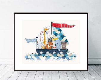 Little Sailers. Nursery art, Nautical nursery print, Woodland animals, Children's wall art, Adventure theme, Baby nursery decor.