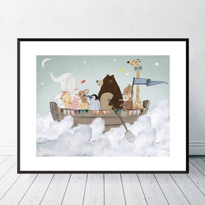 Cloud Sailers, Nursery art, Nautical nursery print, Woodland animals, Children's wall art, Adventure theme, Baby nursery decor.