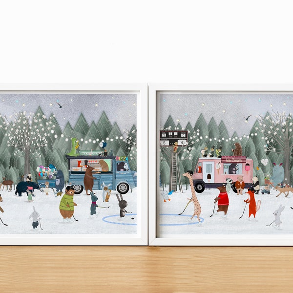 Ice Hockey Days. Nursery art, Children's wall art, Ice hockey print, Nursery sport theme, Woodland nursery art, Nature wall art, whimsical