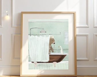 Woodland Bear and Duck Bath Art Print – Whimsical Nursery Wall Decor, Bathroom poster