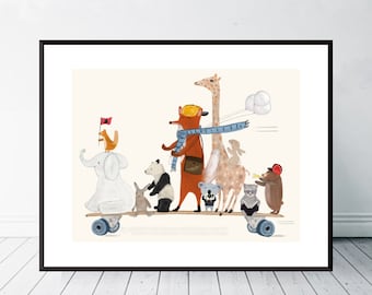 The longboard nursery Print, Woodland Animal Skate & Surf Decor, Whimsical Wall Art