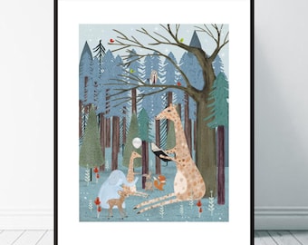 May include: A framed wall art print featuring a forest scene with a large giraffe reading a book, a small elephant, a deer, a fox, and a rabbit. The background shows blue pine trees, a large brown tree, and small birds perched on branches.