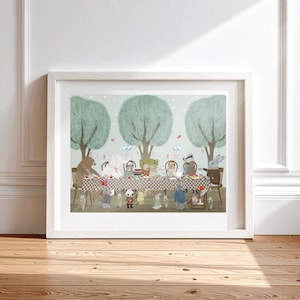 Lámina infantil "Fiesta del Té", Arte para la habitación de los niños, Estampado de animales del bosque, Regalo para baby shower