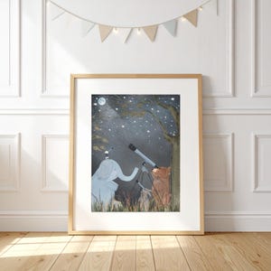 Little astrologers Nursery print, Kids Room Wall Art, whimsical Woodland Animal decor