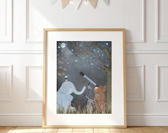 Little astrologers Nursery Print, Kids Room Wall Art, Woodland Animal Print, Baby Shower Gift