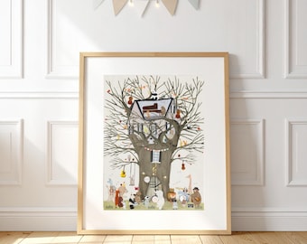 May include: A framed art print featuring a large treehouse filled with various animals playing musical instruments, including a panda at a piano, a bear with a guitar, and a giraffe, all set against a light background with bunting.