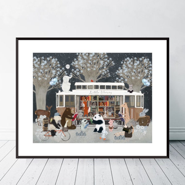 Little Library. Nursery art, Children's wall art, Reading theme, Woodland Baby nursery art, Children's picture, Nursery prints, Whimsical